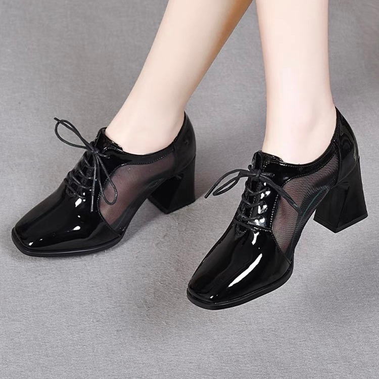 2024 New Hollow Genuine Chunky Heel Single Women's Mesh High Heels Summer Mid-Heel Leather Shoes ddmysaturn
