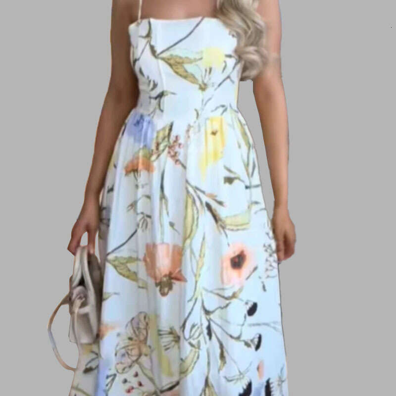 Spring New Vacation Style Fashion Printed Off-Shoulder Sleeveless Waist-Cinching Strap Dress B5