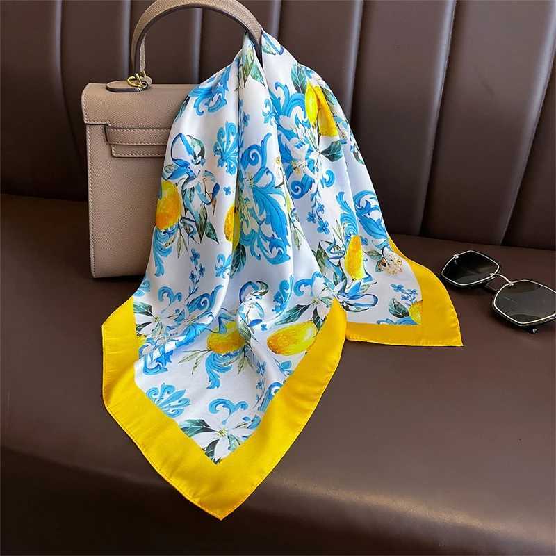 Summer Sunscreen Lemon Print 70cm Square Beach Silk Scarf Casual Elegant Thin Breathable Neck Women Head Wrap Hair Scarves Shawl M250709