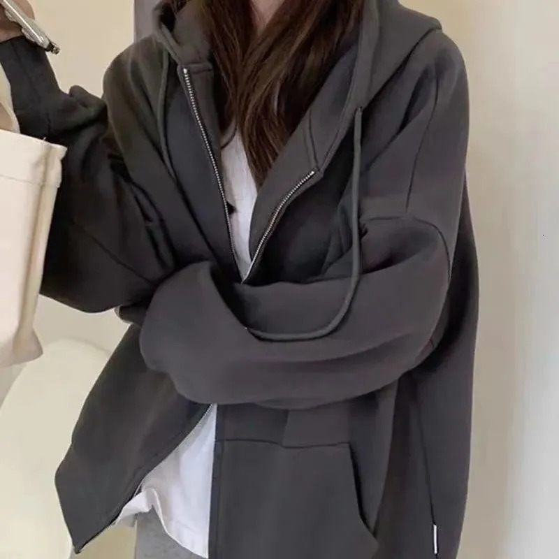 Women Hoodies Autumn Retro Solid Color Zip Up Oversized Sweatshirts Harajuku Long Sleeve Hooded Jackets Coat DF4963 250709