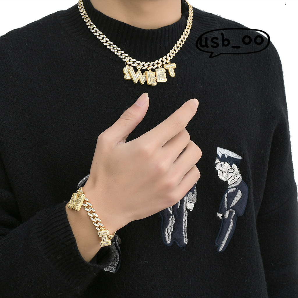 Pendant Icy Name Custom Letter Necklace Personalized 14k Gold Plated Baguette Moissanite Initial 9mm Miami Cuban Link Chain for Men