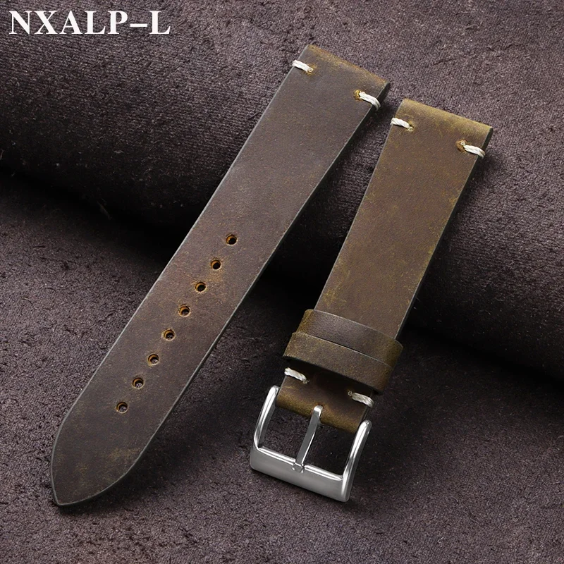 Vintage Oil Wax Leather Watch Band 18mm 20mm 21mm 22mm Handmade Stitching Cowhide Strap for Omega for Seiko Smartwatch Wristband
