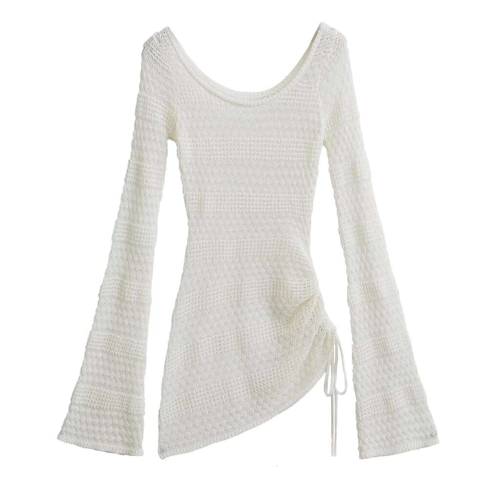 Autumn New Hot Girl Lazy Style Round Neck Hollow Out Flared Sleeve Sweater Women Waist-Cinching Knitted Cover-Up Top B5