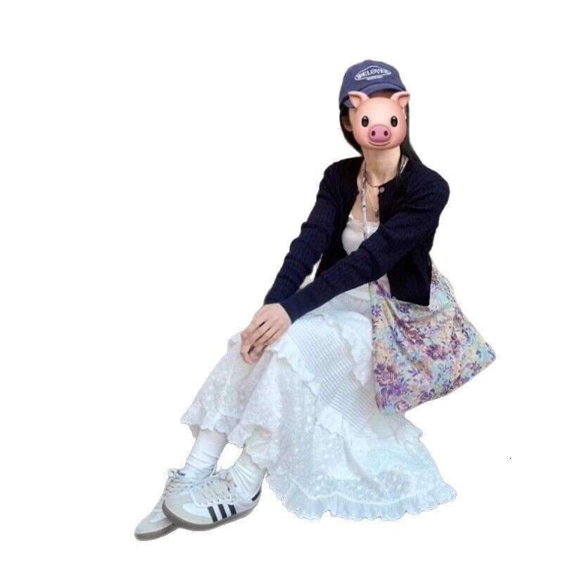 Gentle Style Lace White A-Line Half Cake For Women Summer New High Waist Slimming Petite Long Skirt B5