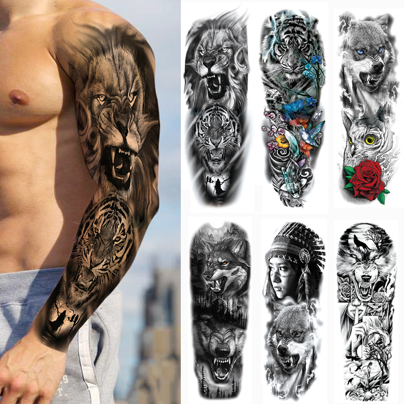 Temporary Tattoos for Man Large Size Arm Sleeve Tattoo Sticker Body Art Fake Tattoo for Women Black Forest Tatoo Wolf
