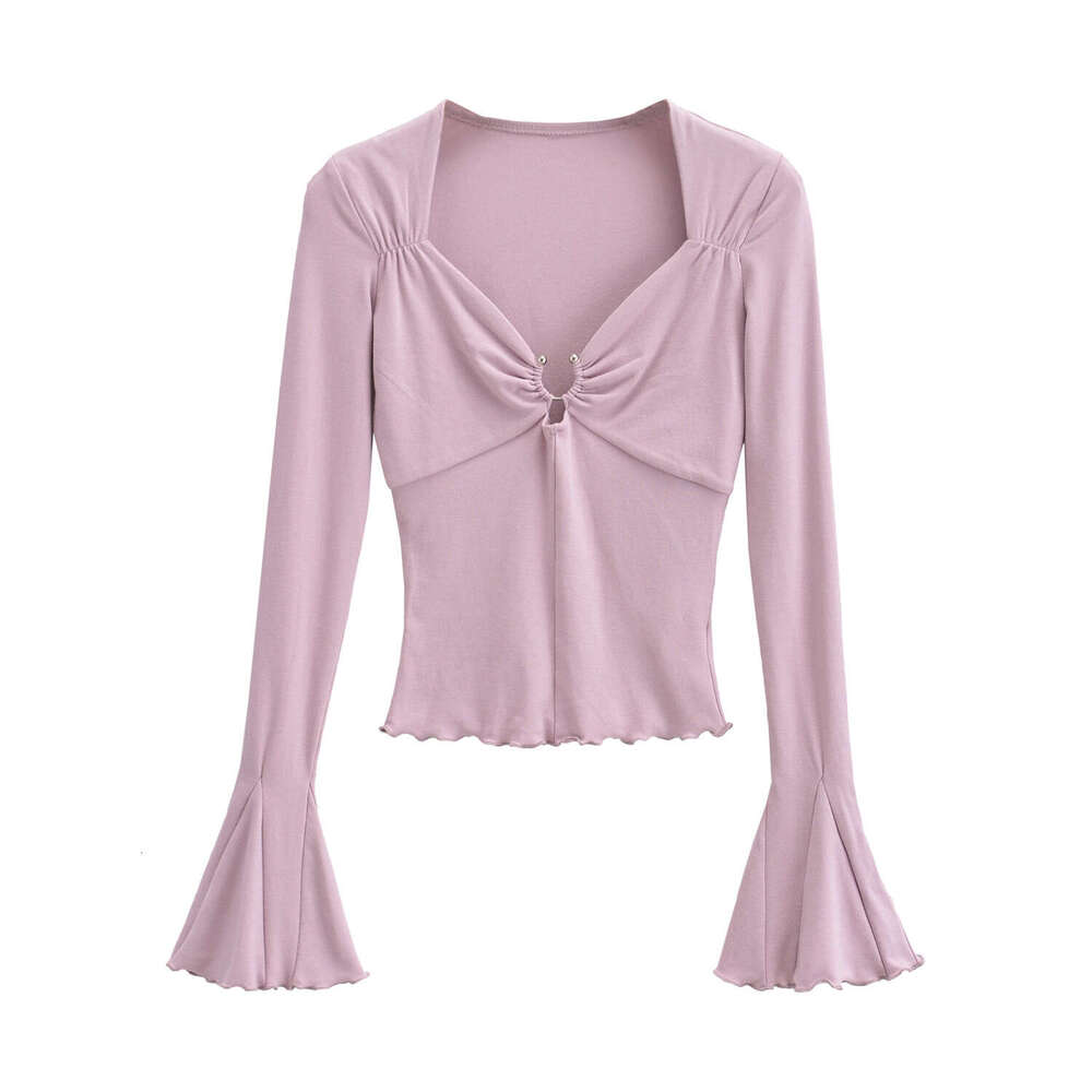 Sexy Hot Girl Collarbone-Exposing Square Neck Metal Ring Hollow Long T-Shirt Women Autumn Flared Sleeve Slim Fit Base Shirt B5