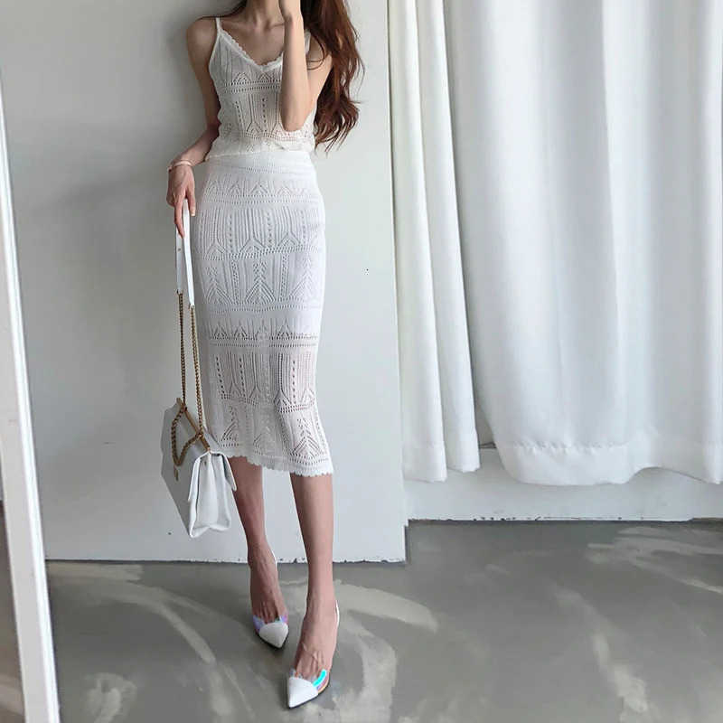 REALEFT Summer Lace Crochet 2 Pieces Womens Suits Vneck Tank Top and High Waist Wrap Skirts Outfit Sets Women 250709