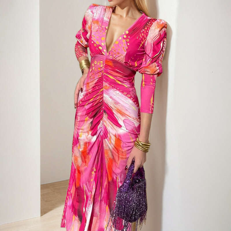 Za Women's Clothing Summer New French Print V-Neck Slim Fit Leg-Of-Mutton Sleeve Long Dress B5