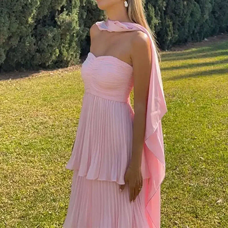 Women's Fashion Elegant Fashionable Sexy Solid Color Pleated Vacation Long Dress B5