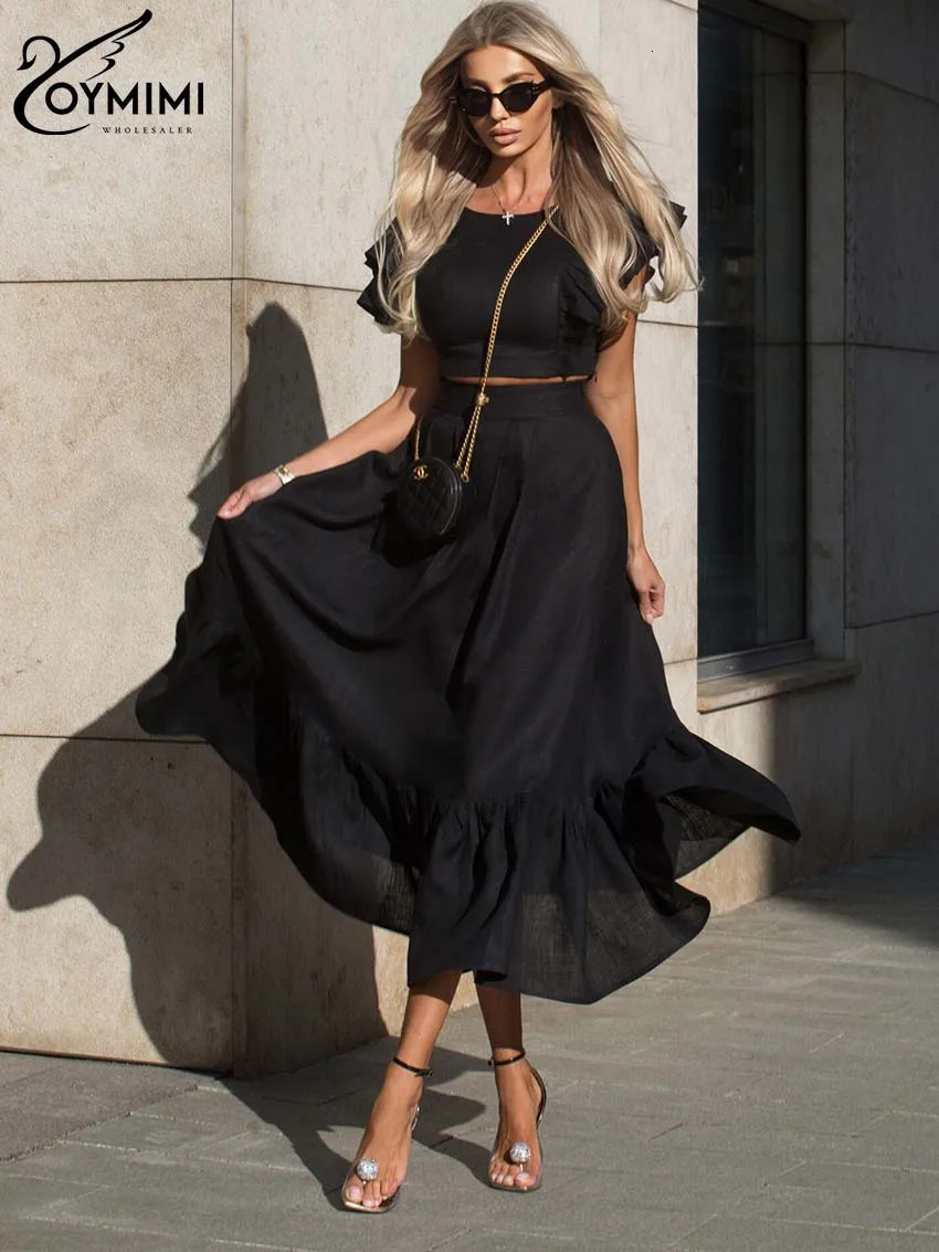 Oymimi Fashion White 2 Piece Sets Women Outfit Elegant ONeck Ruffled Asymmetrical Crop Tops And High Waist Loose Skirts Sets 250709