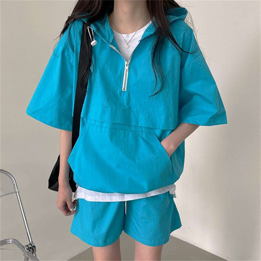 5 Colors Korean Style Solid Color Casual Short Sleeve Shorts Hoodie Set For Women Summer New Fashion Sportswear B5