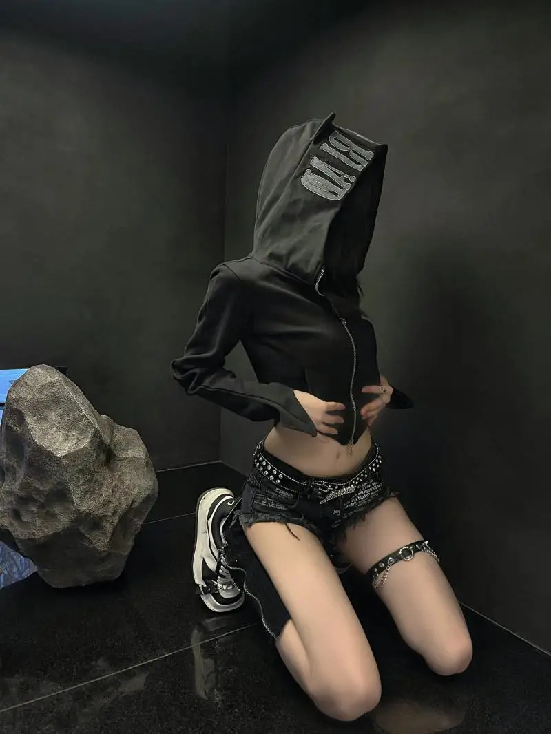 2K Hooded Shirt Crop Top Punk Vintage Letter Gothic Clothes Winter Fashion Streetwear Women Slim Hoodies Zip Up Hip Hop Hoodie 250709