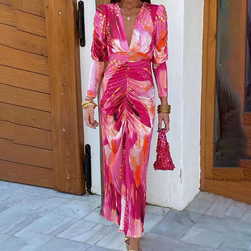 Za Women's Clothing Summer New French Print V-Neck Slim Fit Leg-Of-Mutton Sleeve Long Dress B5