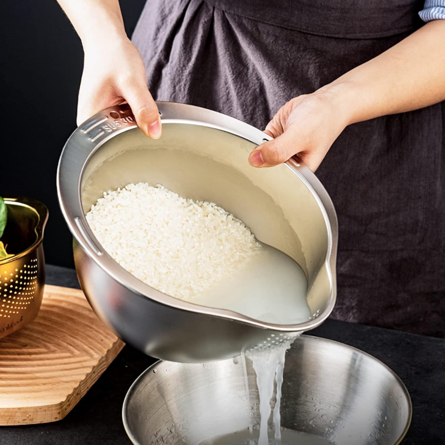 4-in 1 Stainless Steel Rice Washer Strainer Bowl Multi-Purpose Colander for Quinoa, Beans, Fruits Vegetables Side Drain Holes for Effortless Rinsing