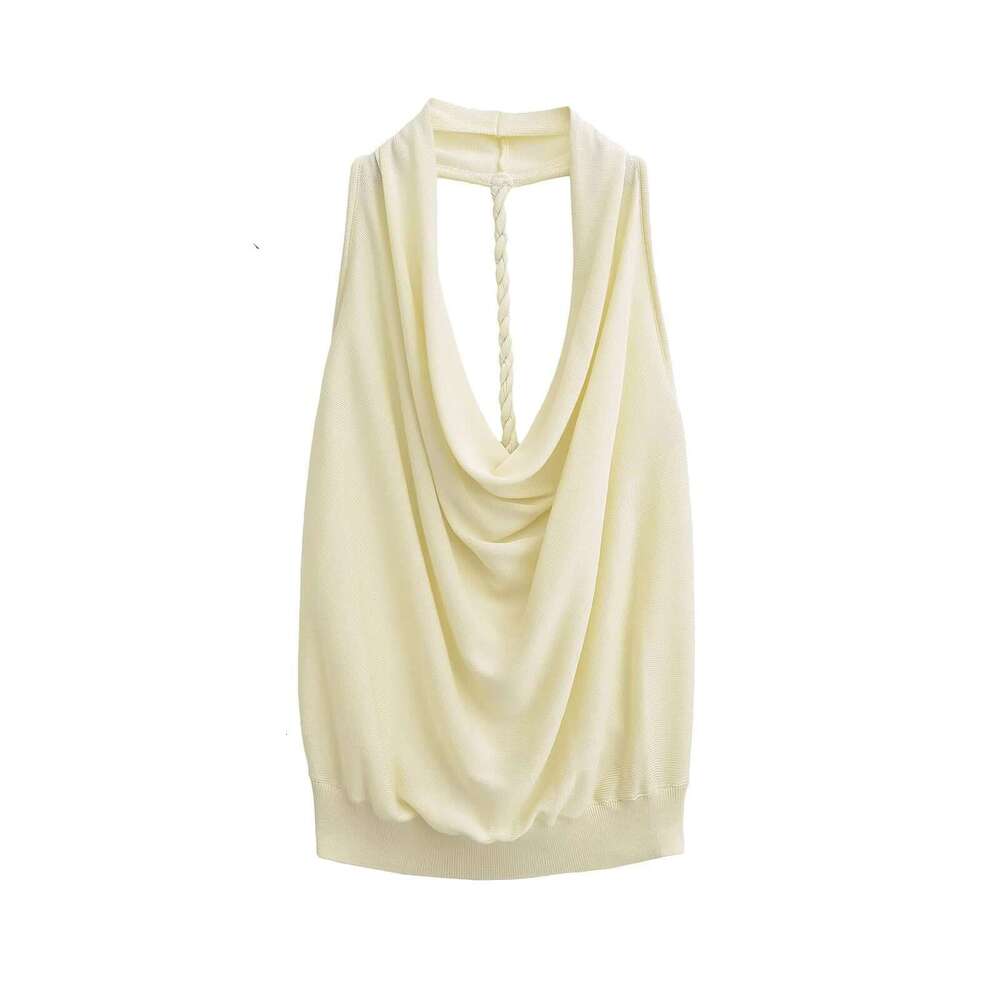 Pure Desire Temperament Off-Shoulder Sleeveless Swing Neck Top For Women Summer Hot Girl Big Backless Solid Color Knitted Vest B5