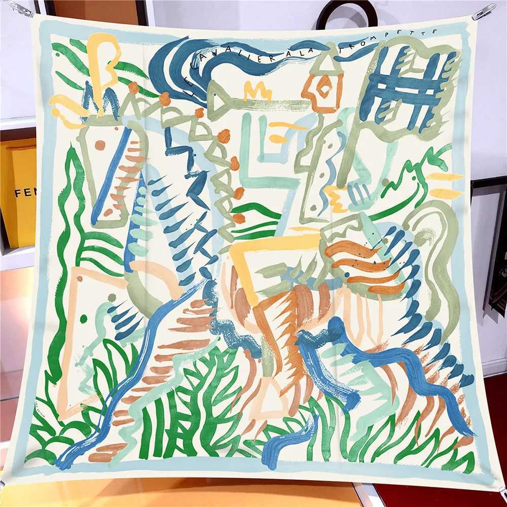 90cm Twill Silk Scarf Shawl Luxury Graffiti Horse Print Square Scarves Women Hijabs Bandana Foulard Neckerchief Head Scarves M250709