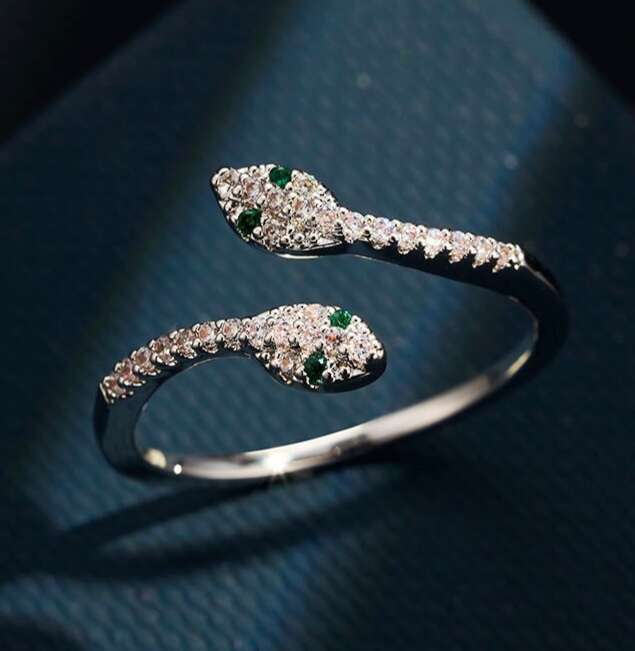 DHCollections Dual Snake Ring - Adjustable Open Cuff Fashion Ring for Women | Sterling Silver Plated Cubic Zirconia Statement Finger Jewelry