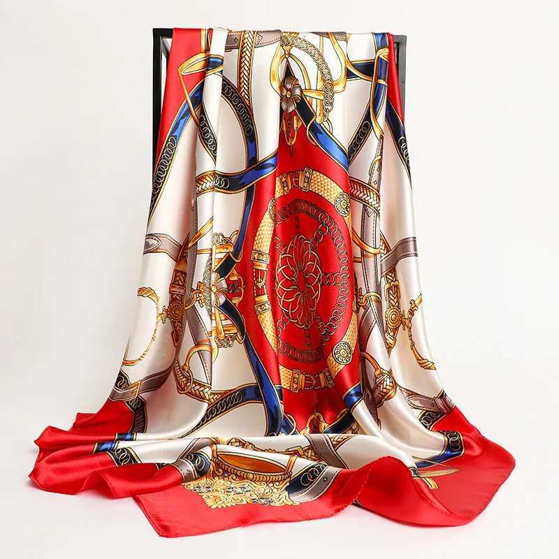 90*90cm Silk Scarf Handkerchiefs Hair Print Satin Big Square Silk Scarves Shawls for Women Luxury Brand Designer Hijab Headband M250709