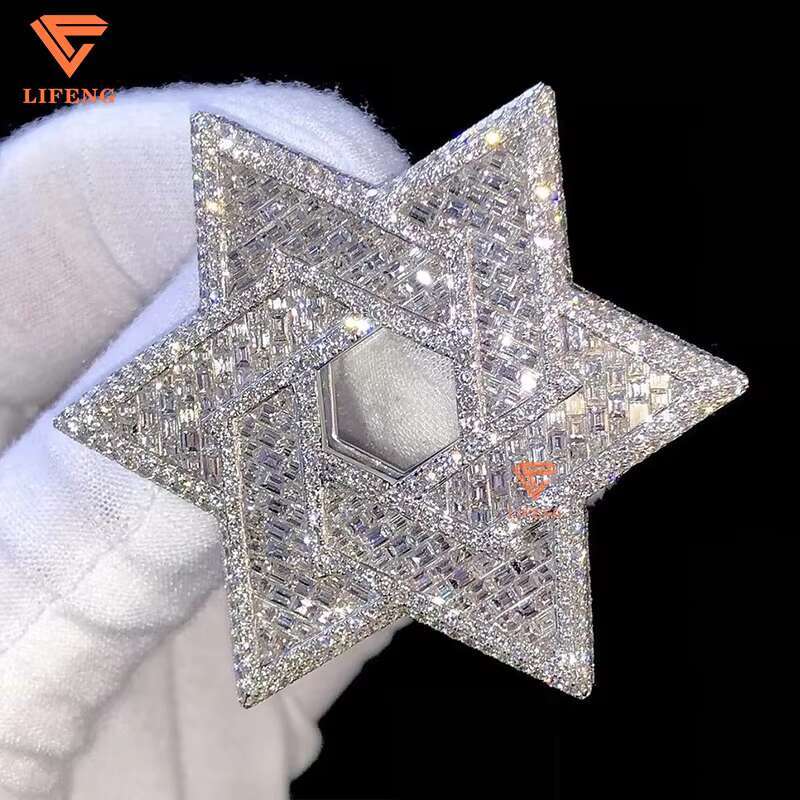 VVS Baguette Round Cut Moissanite Hip Hop Star of David Pendant Full Iced Out 18K Solid Gold Rappers Charm Pendant for Unisex