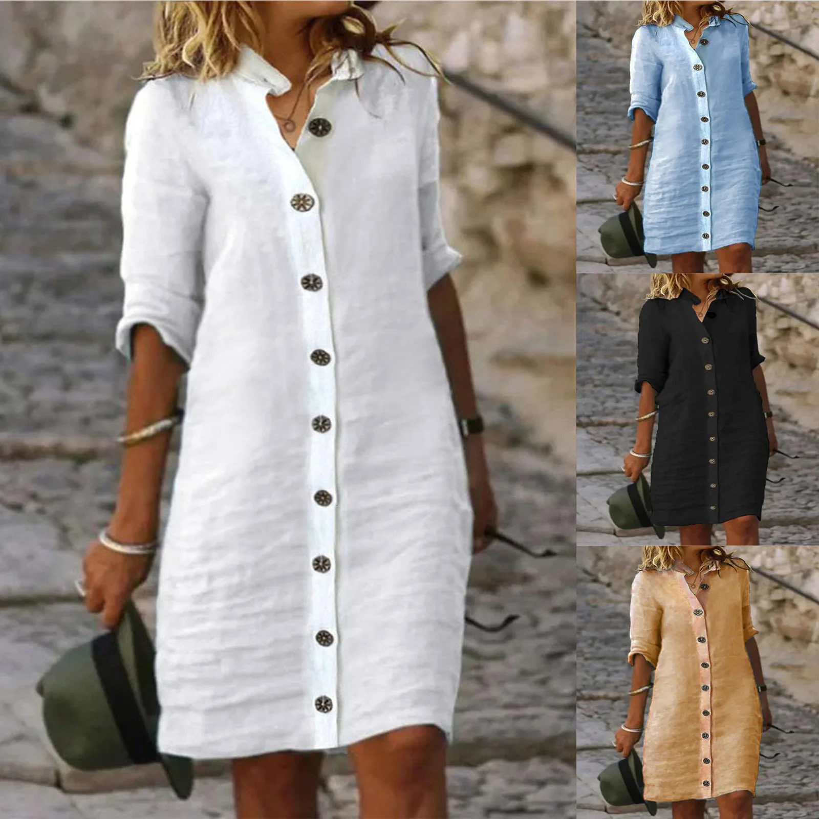 4 Colori Donne In Cotone In Lino In Cotone Abito Sciolto Sciolto Estate Femmina…