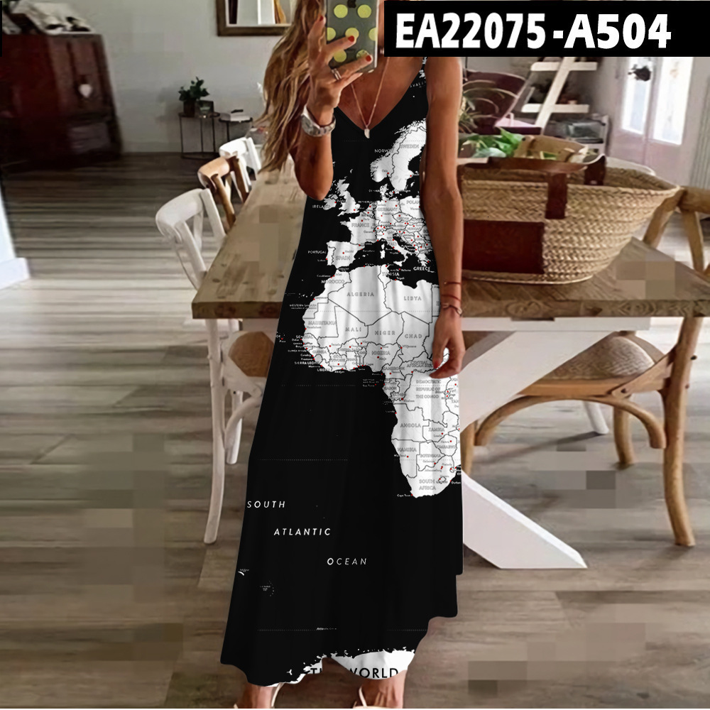 New Summer Map High Waist Slimming Dress Personality Series Strap Bodycon Dress 250121