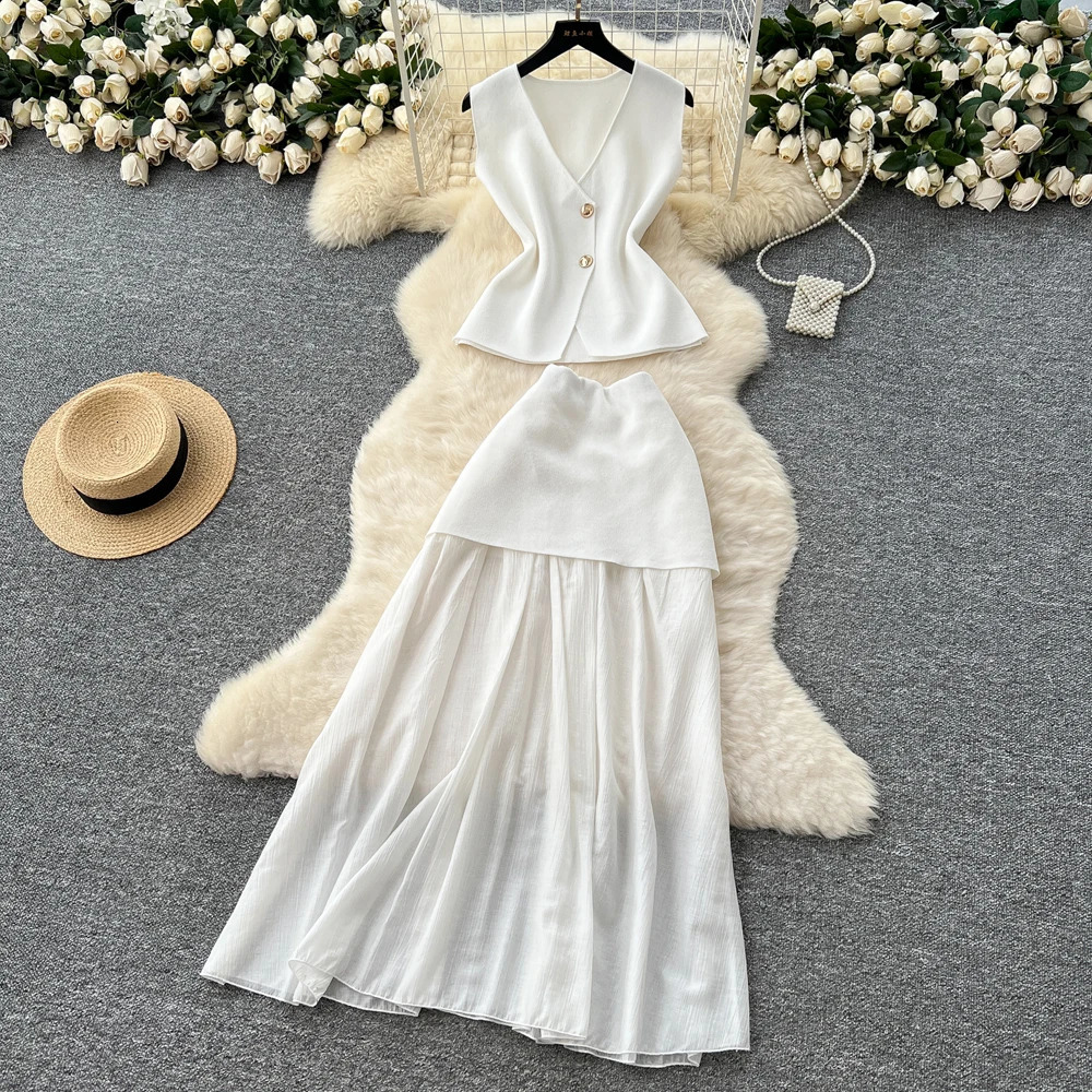 YuooMuoo Fashion Two Piece Suits for Women Summer Lady Elegant Patchwork Aesthetic Long Skirts and Knitted Vest Tops 250709