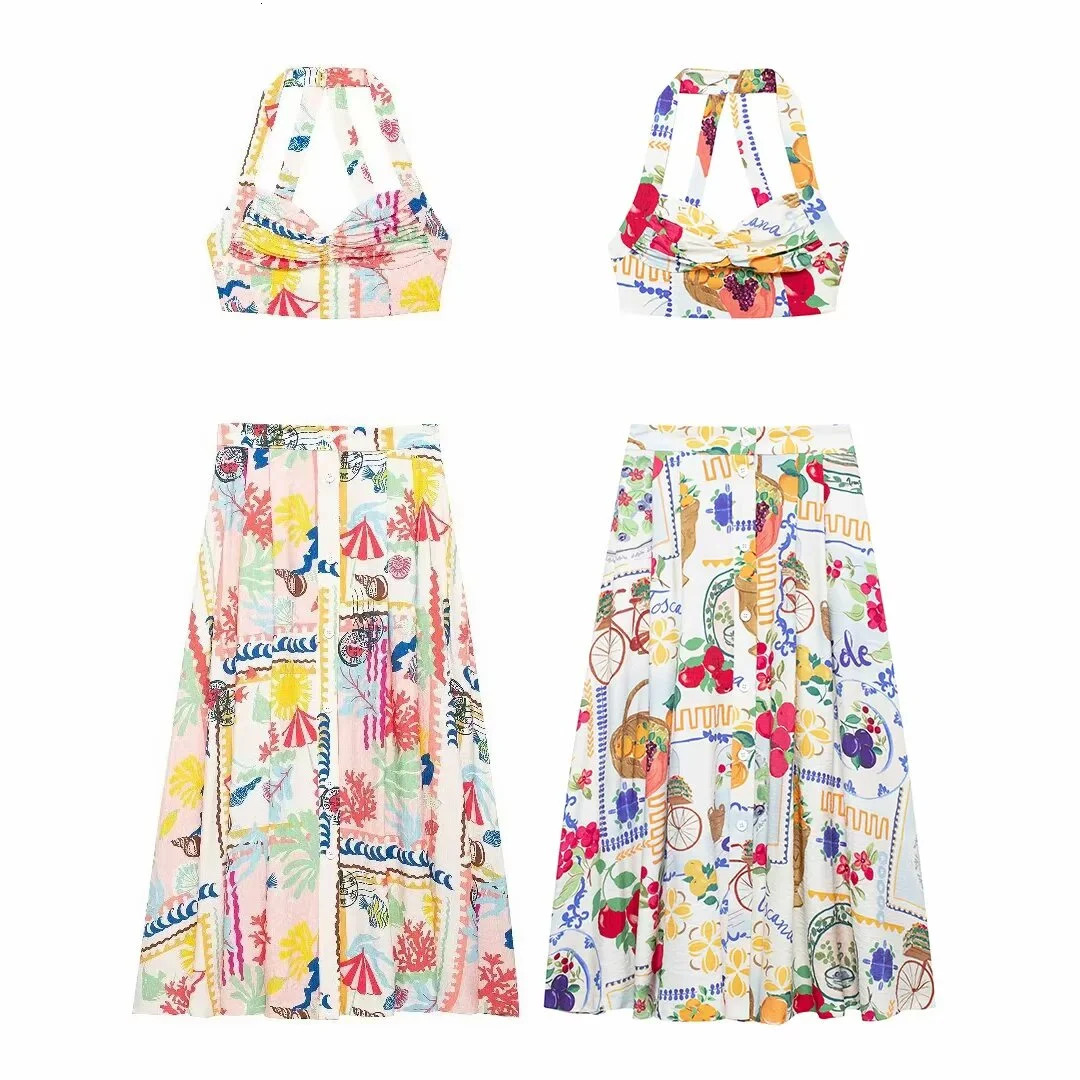 Summer Womens Clothing European And American Style Fashionable Sweet Patchwork Printed Top Skirt Set 250709
