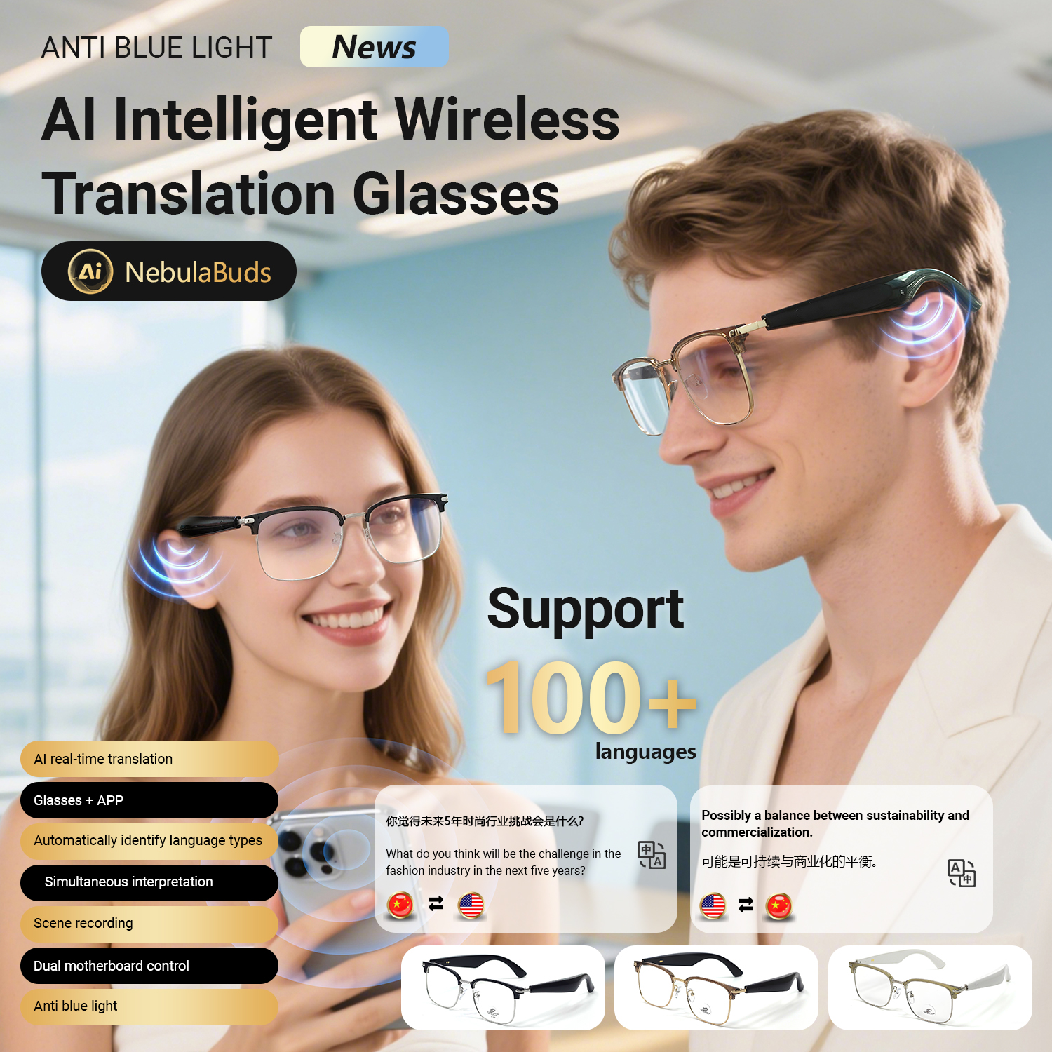LIGE Polarized Bwireless call sunglasses sports smart glasses, built-in microphone and open music speaker, Al intelligent WirelessTranslation Glasses