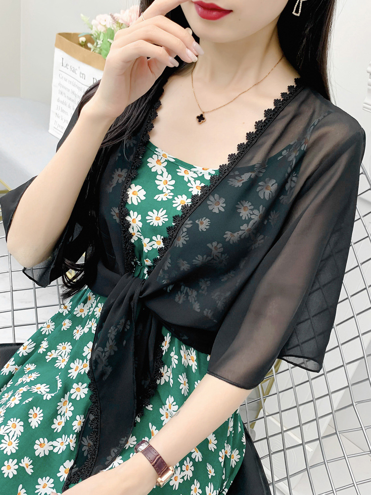 K1287 Chiffon cardigan top jacket thin summer with suspender skirt outer wear short small shawl women's versatile blouse