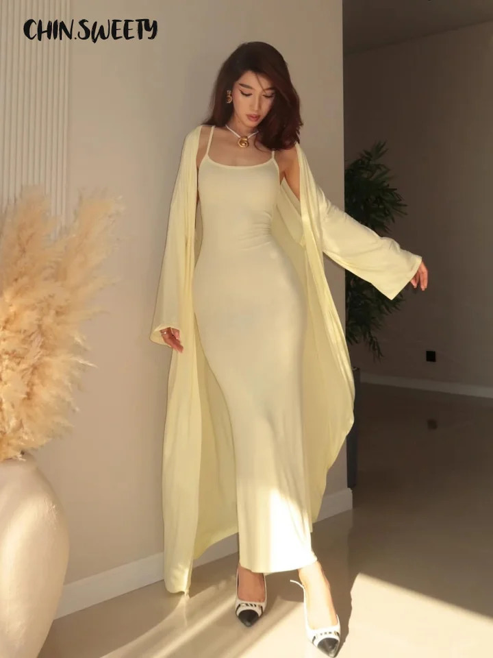 Fashion Bodycon Slip Length Womens Solid Hip Package Dresses Set Loose Minimalist Female Cardigan Sets Holiday Suit 250709