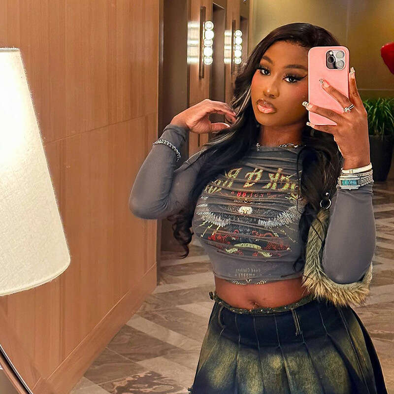 Wind Summer Style Printed Long Sleeve Sexy See-Through Cropped Slim Top B5