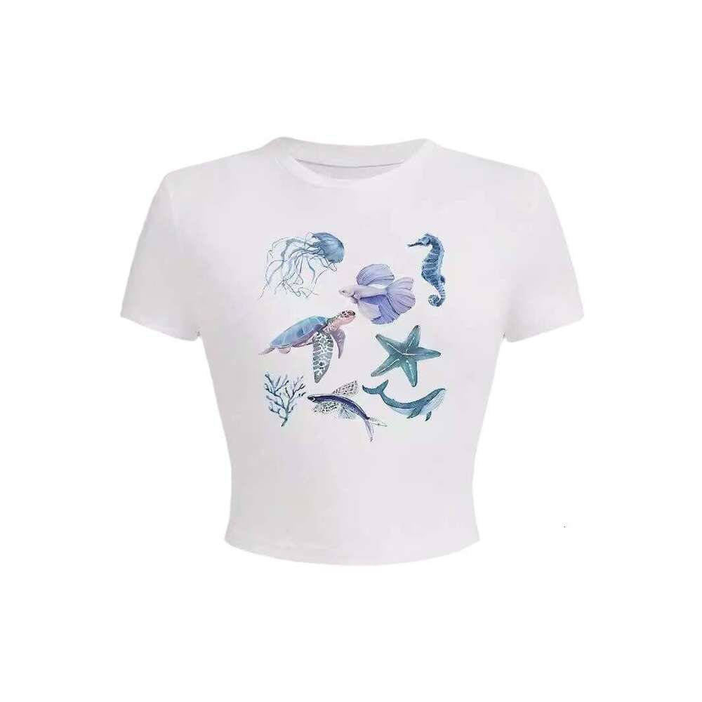 Women's Marine Life Print Summer Crop Top Versatile Round Neck Casual T-Shirt B5
