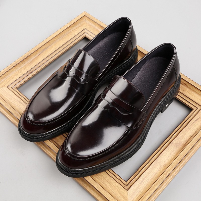 New British men's business casual leather shoes with one foot thick sole round toe loafers genuine leather breathable and comfortable