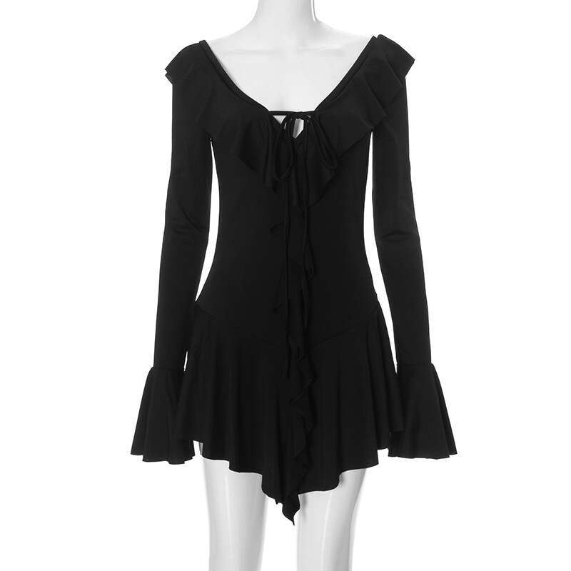 Women's Fashion New Ins Style Sexy Slim Fit Ruffled Long Sleeve Tie Dress B5