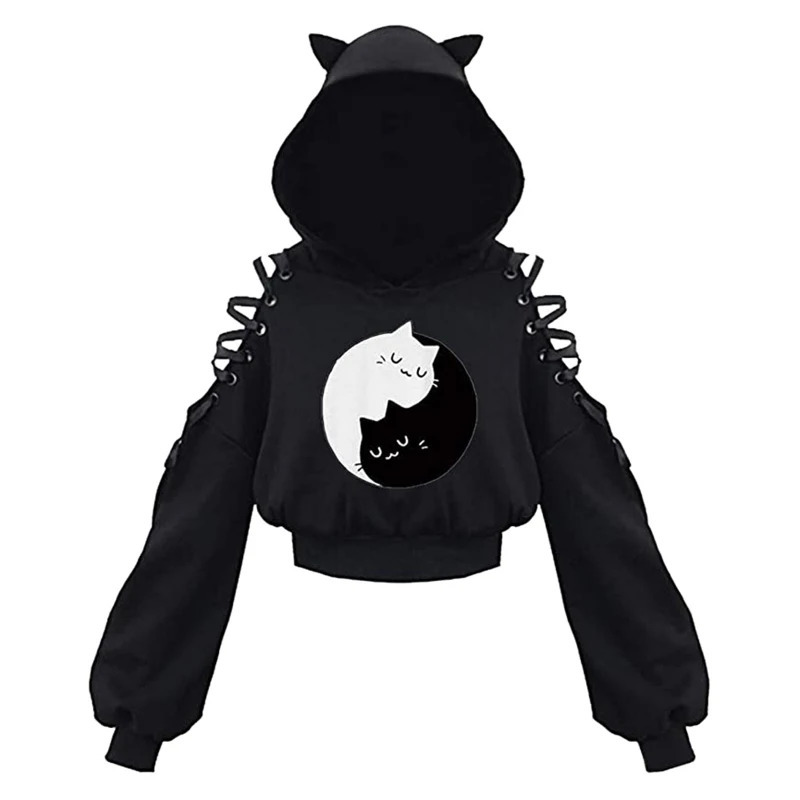 Y2k Gothic Womens Hoodie Cat Ear Crop Top Hooded Sweatshirt Hollow Out Lace Up Long Sleeve Hodded Casual Pullover Autumn 250709