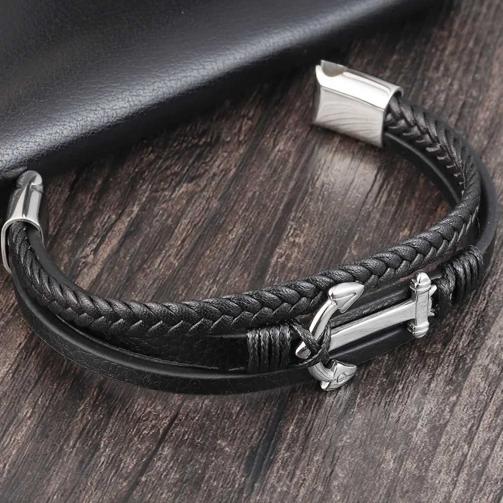 Punk Stainless Steel Anchor Bracelets Genuine Leather Bracelet Bangles for Men Black Color Fashion Jewelry Gift W250709