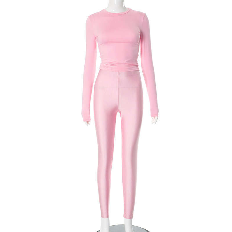 new Autumn Women's Round Neck Sleeve High Waist Slimming Long Pants Casual Set B5