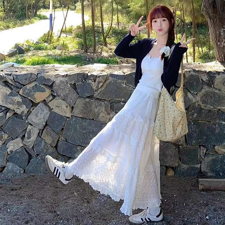 Gentle Style Lace White A-Line Half Cake For Women Summer New High Waist Slimming Petite Long Skirt B5