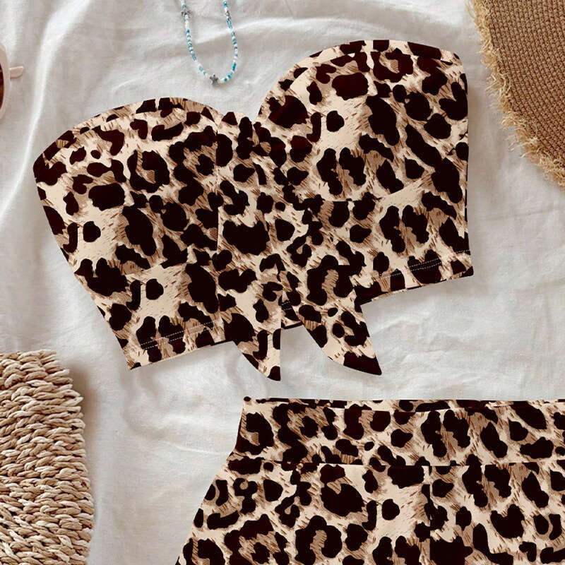 Summer Vacation Style Leopard Print Strapless Short Set Hot Girl Two-Piece Outfit For Women B5