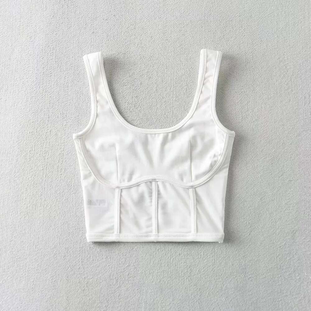 Spring Summer U-Neck Fishbone Label Mesh Patchwork For Women Stretch Slim Fit Backless Base Tank Top B5