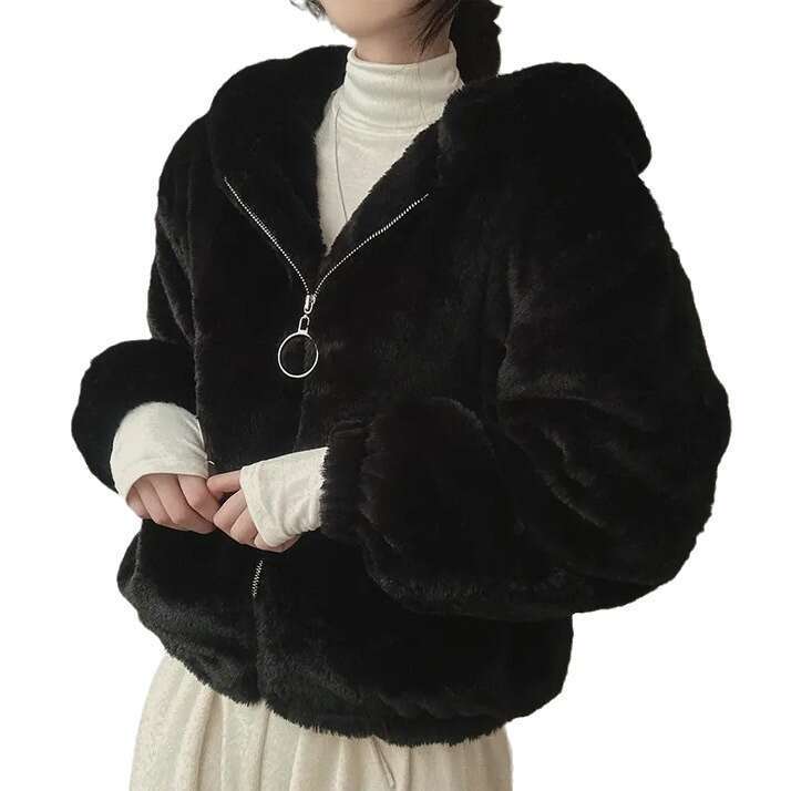 New Korean Autumn Winter French Niche Zipper Hooded Warm Casual Sports Long Plush Jacket For Women B5