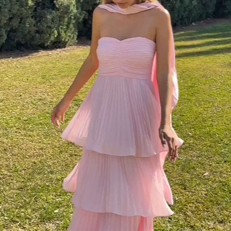 Women's Fashion Elegant Fashionable Sexy Solid Color Pleated Vacation Long Dress B5