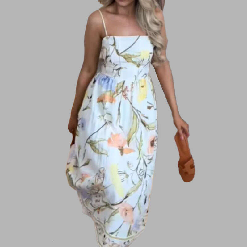 Spring New Vacation Style Fashion Printed Off-Shoulder Sleeveless Waist-Cinching Strap Dress B5