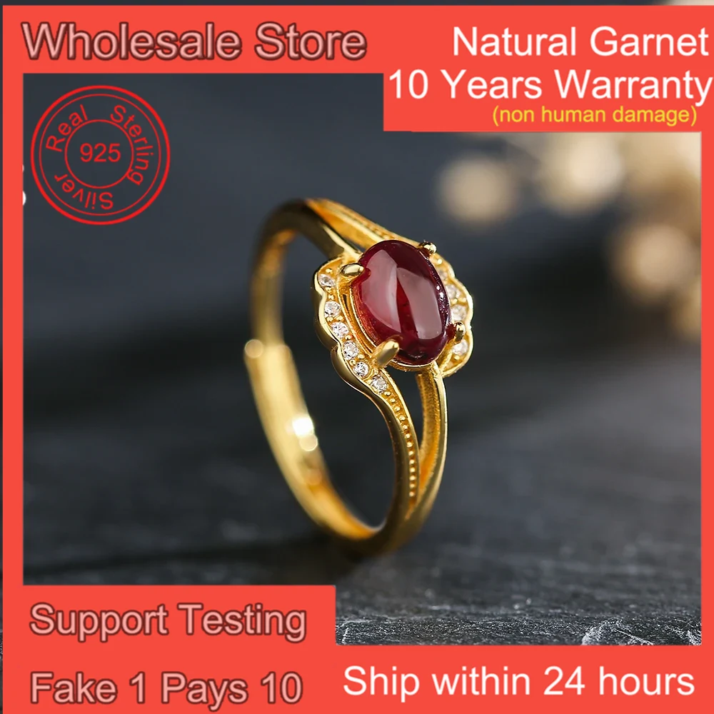 Natural Gems Garnet Stone 7*5mm Oval Cut 925 Sterling Silver 18K Gold Plated Women's Ring February Birthstone Jewelry Gifts