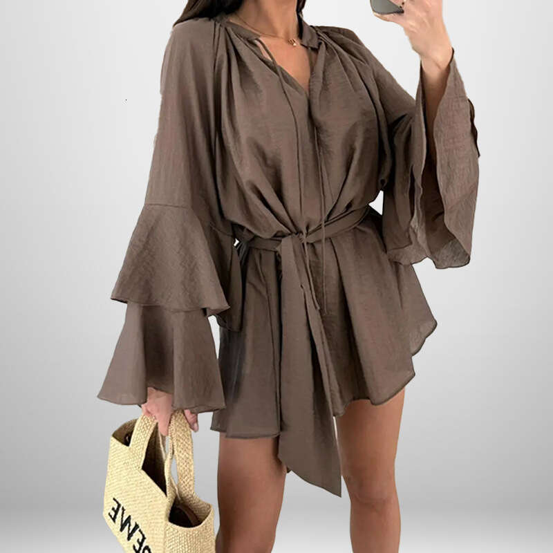 New Elegant V-Neck Flared Sleeve Dress B5