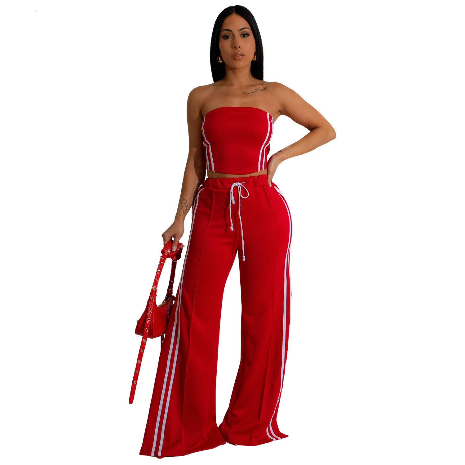C7056 Summer Womens Outfit Sexy Strapless Top with Draped Straight-Leg Pants Fashion Set