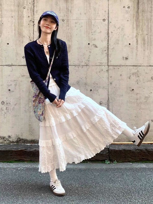 Gentle Style Lace White A-Line Half Cake For Women Summer New High Waist Slimming Petite Long Skirt B5