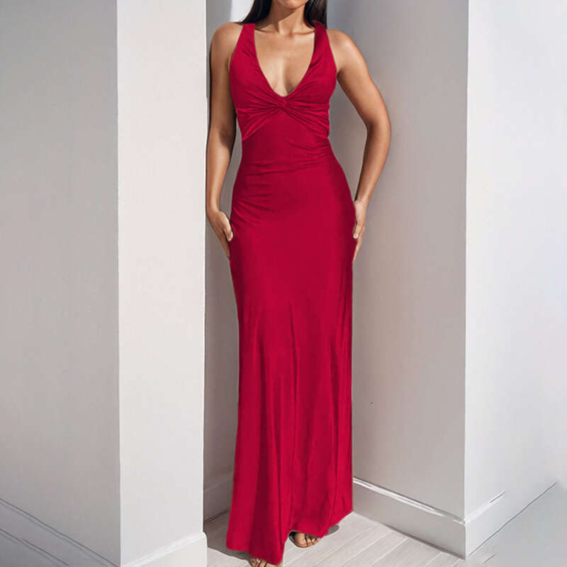 Spring New Women's Satin Elegant Tie Sexy Backless Halter Dress B5