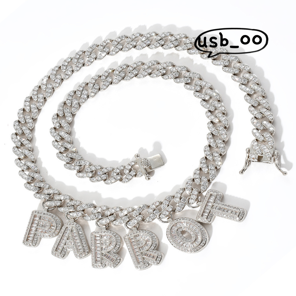 Pendant Icy Name Custom Letter Necklace Personalized 14k Gold Plated Baguette Moissanite Initial 9mm Miami Cuban Link Chain for Men
