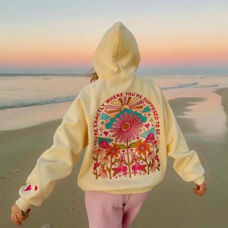 Women's Hoodies Combhasaki Women Floral Letter Hooded Pullover Cozy Stylish Long Sleeve Loose Sweatshirts With Kangaroo